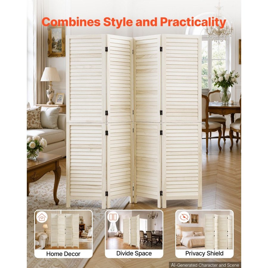 VEVOR Wood Room Divider 4 Panels 1702mm Tall Wood Folding Privacy Screen, For Room Separation & Home Decor, Solid Frame, 360° Two-Way Hinges, Easy Assembly, Louvered Wooden Partition with Hardware