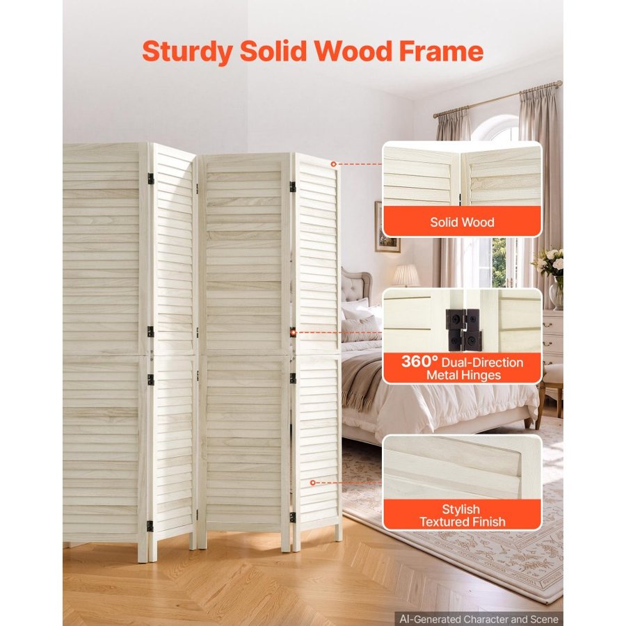 VEVOR Wood Room Divider 4 Panels 1702mm Tall Wood Folding Privacy Screen, For Room Separation & Home Decor, Solid Frame, 360° Two-Way Hinges, Easy Assembly, Louvered Wooden Partition with Hardware