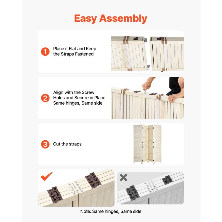 VEVOR Wood Room Divider 4 Panels 1702mm Tall Wood Folding Privacy Screen, For Room Separation & Home Decor, Solid Frame, 360° Two-Way Hinges, Easy Assembly, Louvered Wooden Partition with Hardware