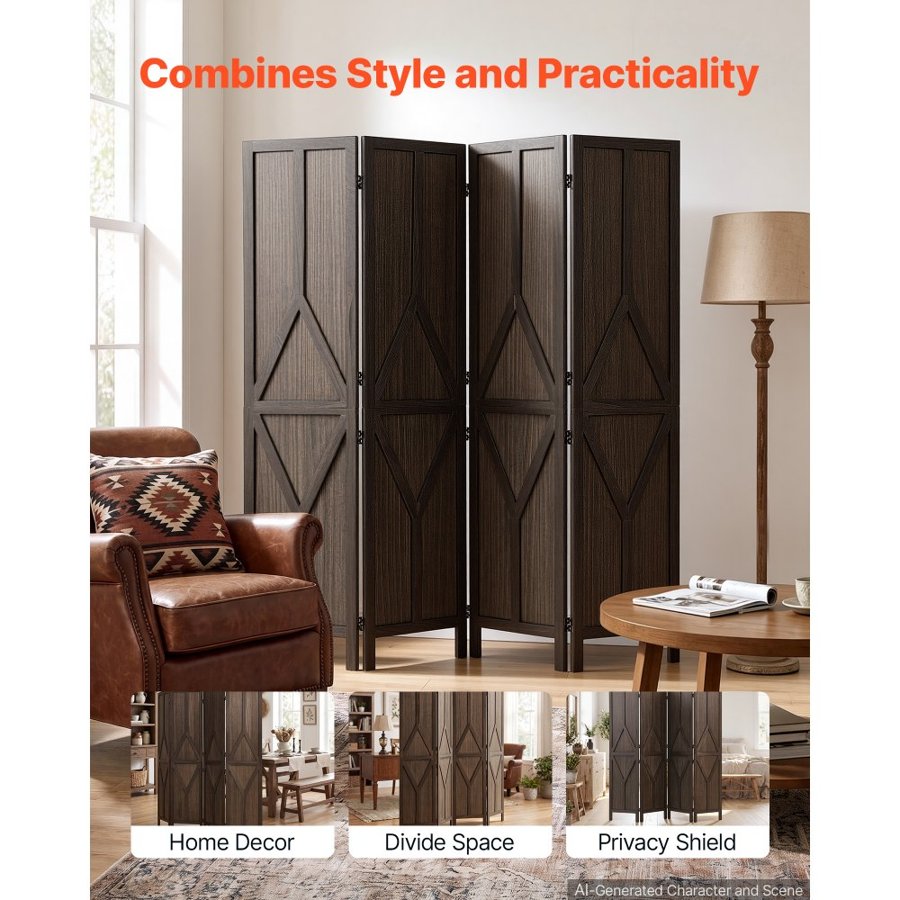 VEVOR Wood Room Divider 4 Panels Wood Folding Privacy Screen Y Pattern, For Room Separation & Home Decor,1702 mm Tall, Solid Frame, 360° Two-Way Hinges, Rustic Wooden Partition with Hardware