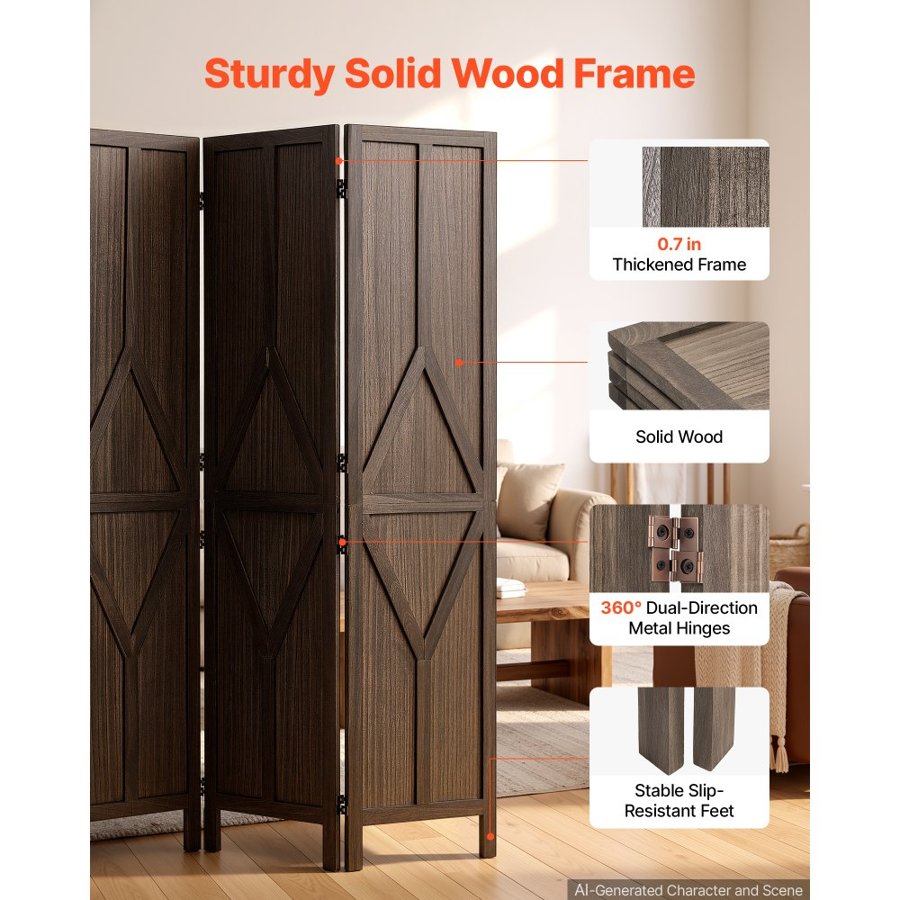 VEVOR Wood Room Divider 4 Panels Wood Folding Privacy Screen Y Pattern, For Room Separation & Home Decor,1702 mm Tall, Solid Frame, 360° Two-Way Hinges, Rustic Wooden Partition with Hardware