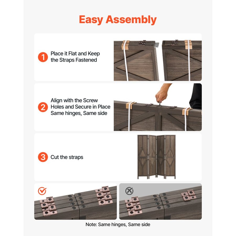 VEVOR Wood Room Divider 4 Panels Wood Folding Privacy Screen Y Pattern, For Room Separation & Home Decor,1702 mm Tall, Solid Frame, 360° Two-Way Hinges, Rustic Wooden Partition with Hardware