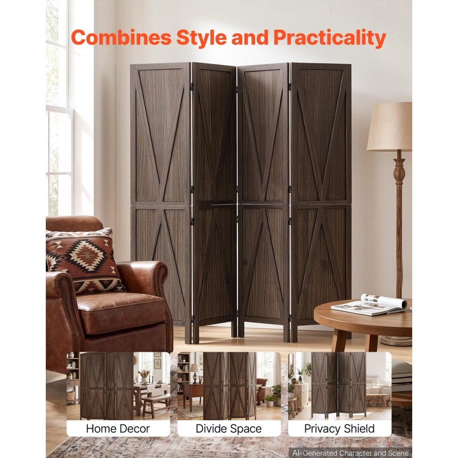 VEVOR Wood Room Divider 4 Panels Wood Folding Privacy Screen X Pattern, For Room Separation & Home Decor, 1702 mm Tall, Solid Frame, 360° Two-Way Hinges, Rustic Wooden Partition with Hardware