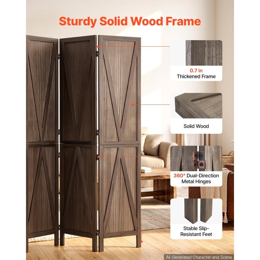 VEVOR Wood Room Divider 4 Panels Wood Folding Privacy Screen X Pattern, For Room Separation & Home Decor, 1702 mm Tall, Solid Frame, 360° Two-Way Hinges, Rustic Wooden Partition with Hardware
