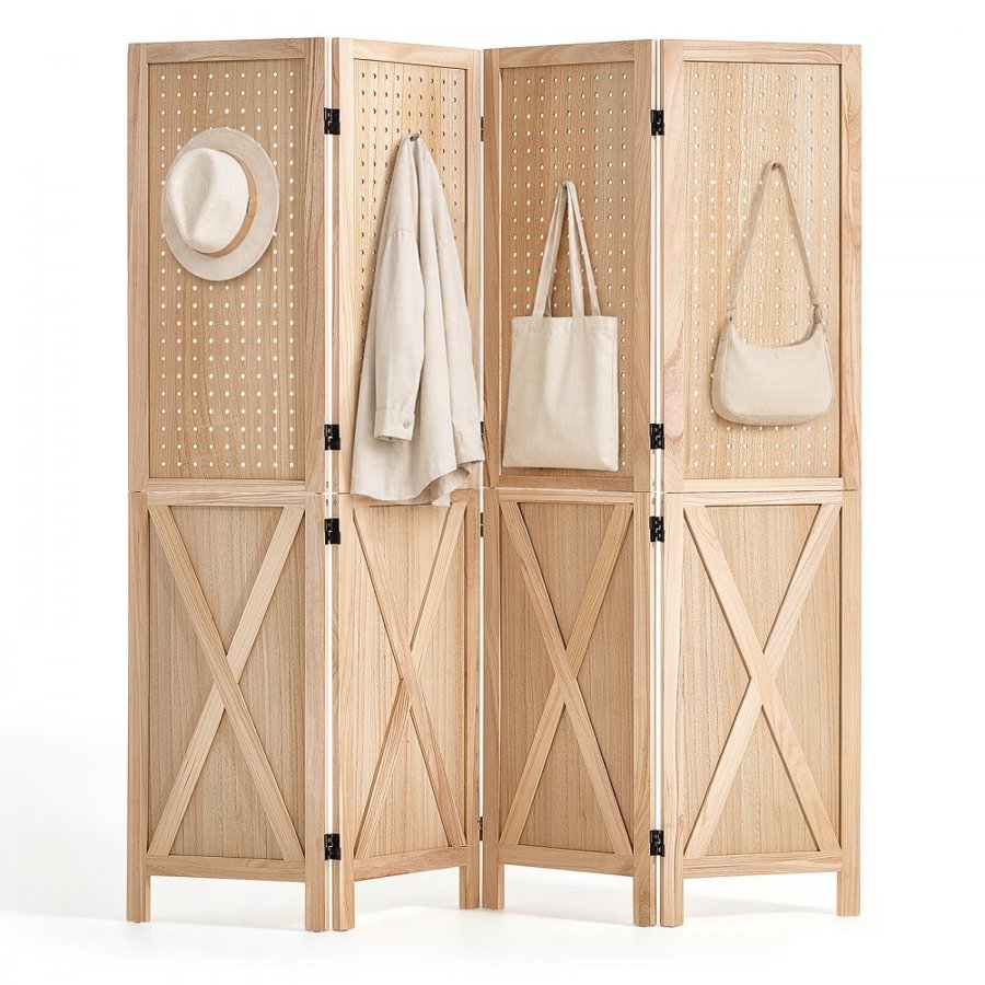 VEVOR Wood Room Divider 4 Panels 1520mm Pegboard Wood Folding Privacy Screen, For Room Separation & Home Decor, Solid Frame with X Pattern, 360° Two-Way Hinges, Rustic Wooden Partition with Hardware