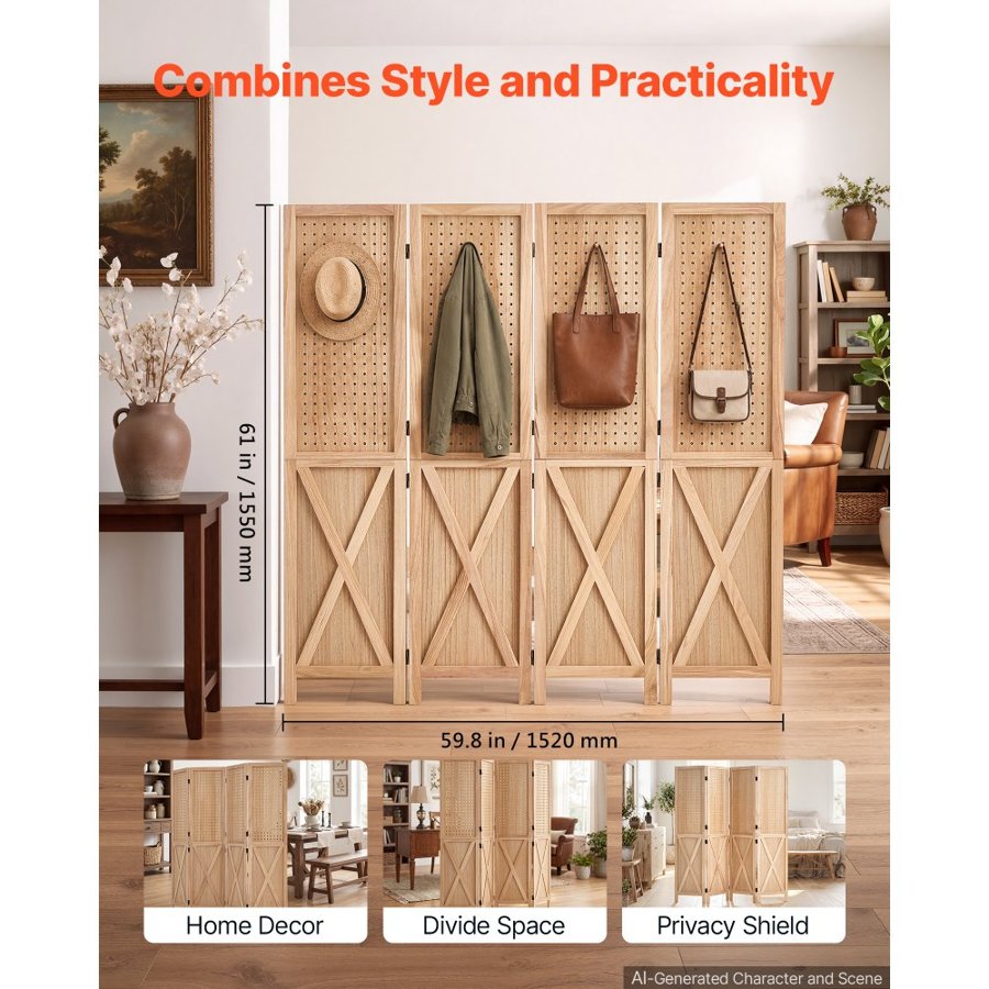 VEVOR Wood Room Divider 4 Panels 1520mm Pegboard Wood Folding Privacy Screen, For Room Separation & Home Decor, Solid Frame with X Pattern, 360° Two-Way Hinges, Rustic Wooden Partition with Hardware