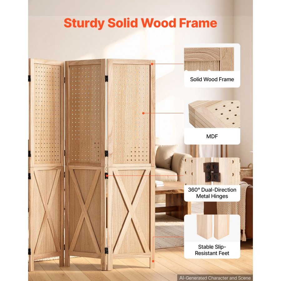 VEVOR Wood Room Divider 4 Panels 1520mm Pegboard Wood Folding Privacy Screen, For Room Separation & Home Decor, Solid Frame with X Pattern, 360° Two-Way Hinges, Rustic Wooden Partition with Hardware
