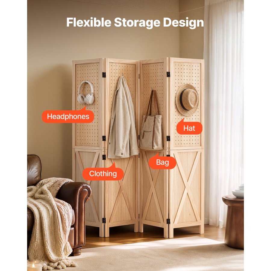 VEVOR Wood Room Divider 4 Panels 1520mm Pegboard Wood Folding Privacy Screen, For Room Separation & Home Decor, Solid Frame with X Pattern, 360° Two-Way Hinges, Rustic Wooden Partition with Hardware
