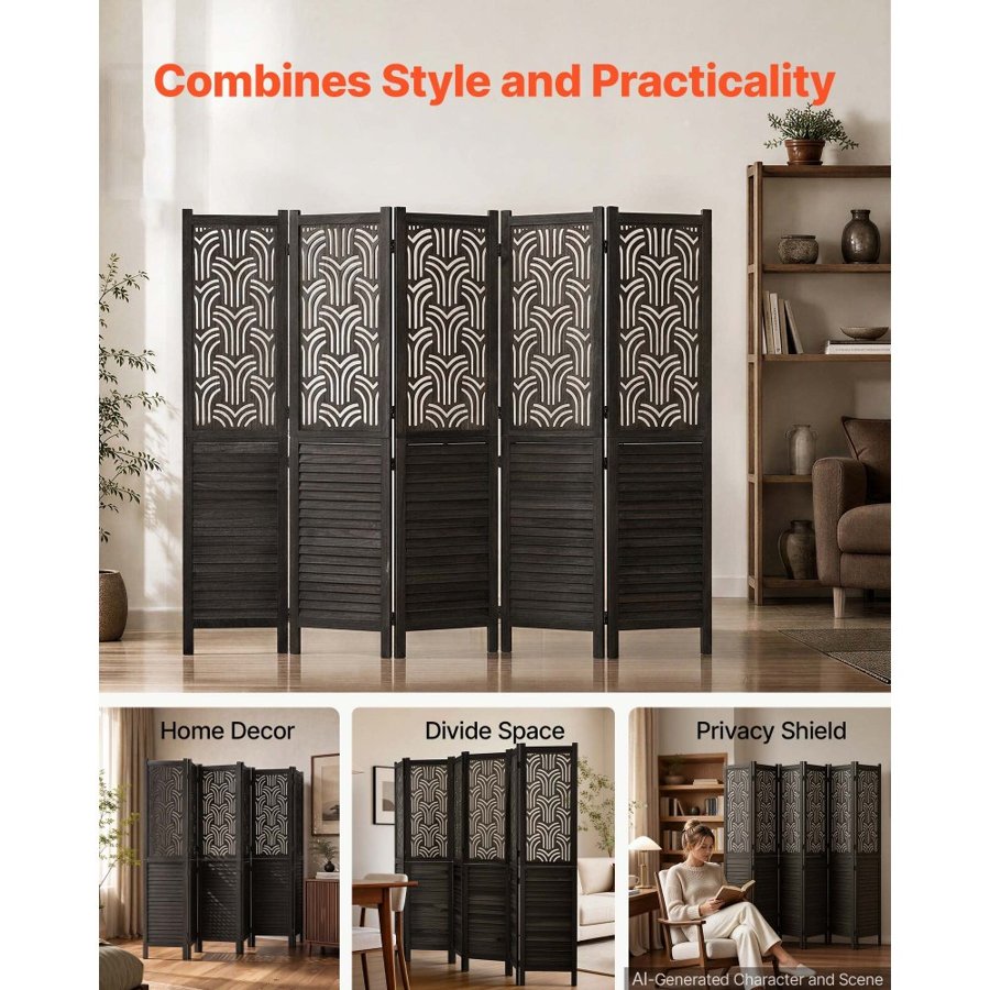 VEVOR Wood Room Divider 6 Panels 1702mm Carved Wood Folding Privacy Screen, For Room Separation & Home Decor, Solid Frame, 360° Two-Way Hinges, Easy Assembly, Louvered Wooden Partition with Hardware