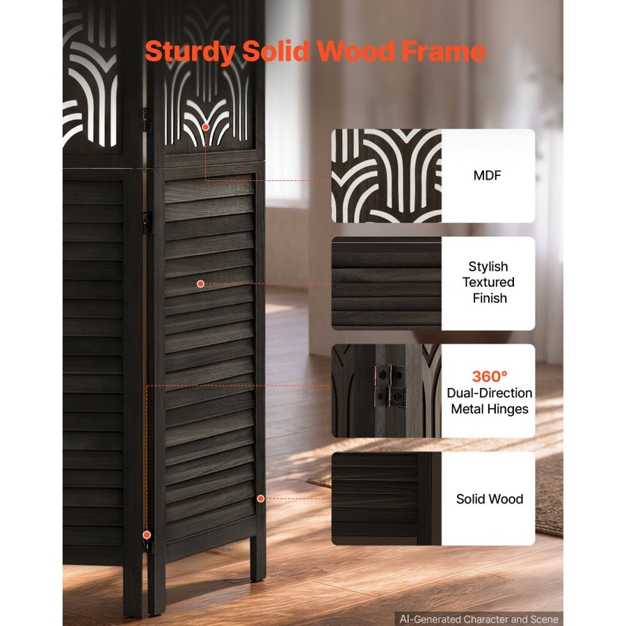 VEVOR Wood Room Divider 6 Panels 1702mm Carved Wood Folding Privacy Screen, For Room Separation & Home Decor, Solid Frame, 360° Two-Way Hinges, Easy Assembly, Louvered Wooden Partition with Hardware