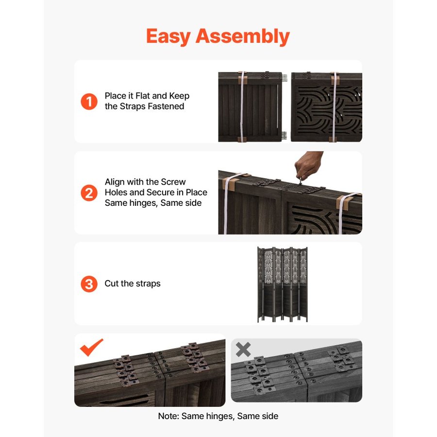 VEVOR Wood Room Divider 6 Panels 1702mm Carved Wood Folding Privacy Screen, For Room Separation & Home Decor, Solid Frame, 360° Two-Way Hinges, Easy Assembly, Louvered Wooden Partition with Hardware