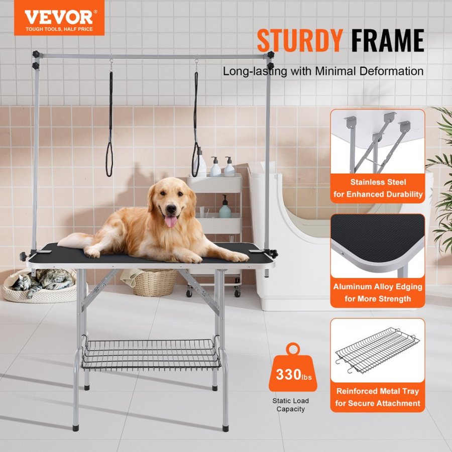 VEVOR Pet Grooming Table Two Arms with Clamp, 117cm Dog Grooming Station, Foldable Pets Grooming Stand for Medium and Small Dogs, Free Two No Sit Haunch Holder with Grooming Loop, Bearing 149.7kg