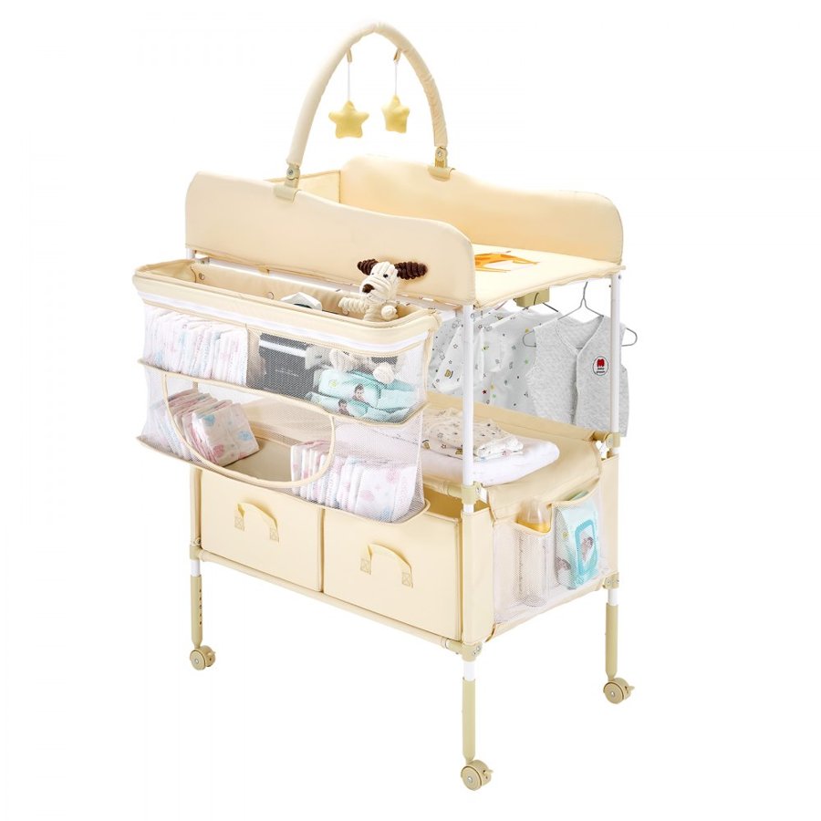 VEVOR Baby Changing Table, Foldable Diaper Change Station with 2 Fabric Drawers, Side Basket & Hanging Rod, Adjustable Height Portable Changing Table with Lockable Wheels & 2 Star Toys, Light Beige
