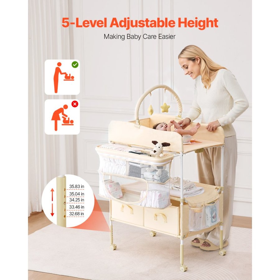VEVOR Baby Changing Table, Foldable Diaper Change Station with 2 Fabric Drawers, Side Basket & Hanging Rod, Adjustable Height Portable Changing Table with Lockable Wheels & 2 Star Toys, Light Beige