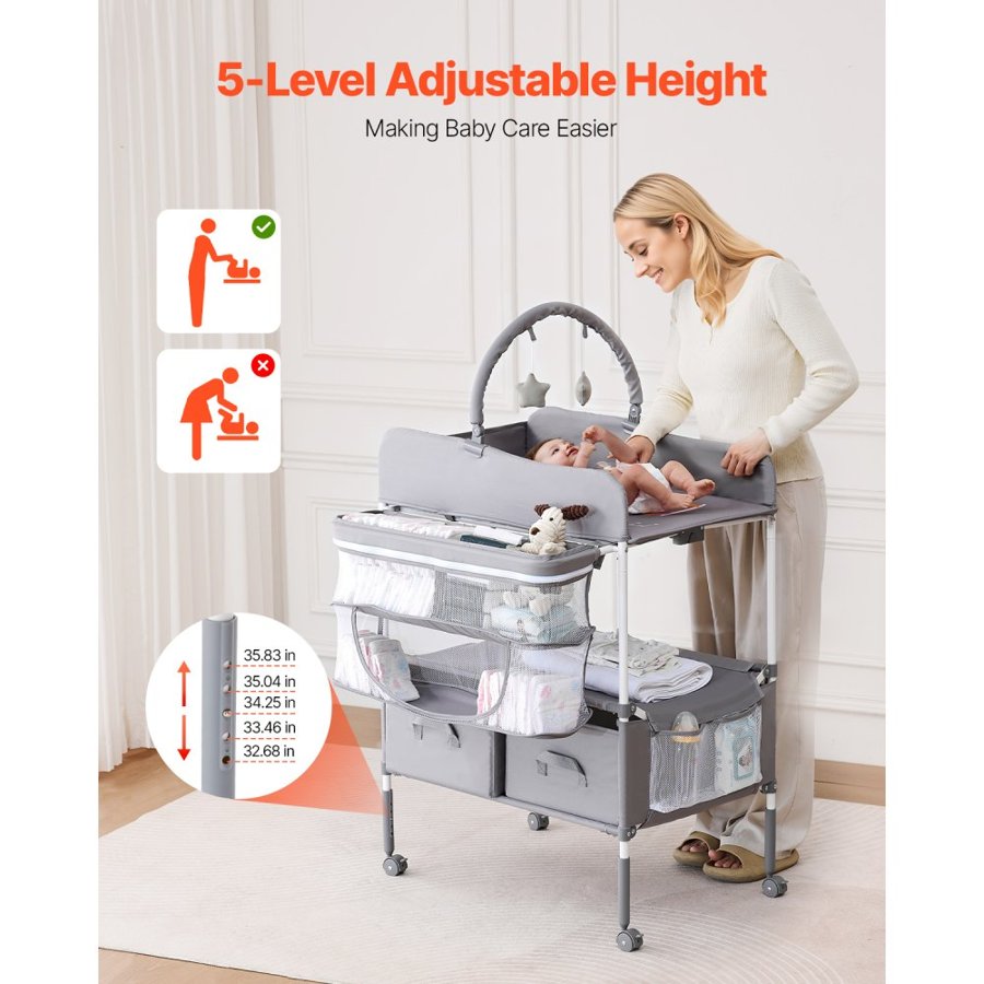 VEVOR Baby Changing Table, Foldable Diaper Change Station with 2 Fabric Drawers, Side Basket & Hanging Rod, Adjustable Height Portable Changing Table with Lockable Wheels & 2 Star Toys, Light Gray