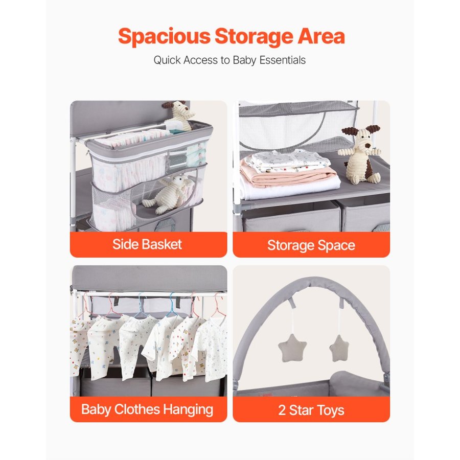 VEVOR Baby Changing Table, Foldable Diaper Change Station with 2 Fabric Drawers, Side Basket & Hanging Rod, Adjustable Height Portable Changing Table with Lockable Wheels & 2 Star Toys, Light Gray