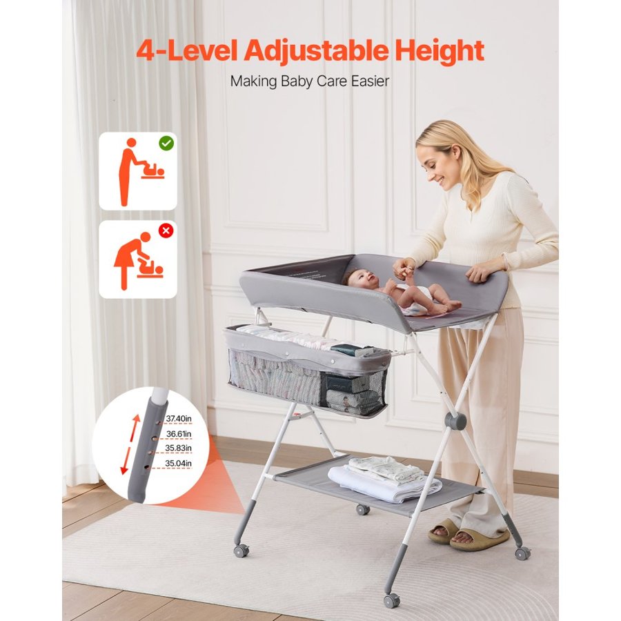 VEVOR Baby Changing Table, Foldable Diaper Change Station with Side Basket, Adjustable Height Portable Changing Table with Lockable Wheels, Multi-Functional Storage Organizer Nursery, Light Gray