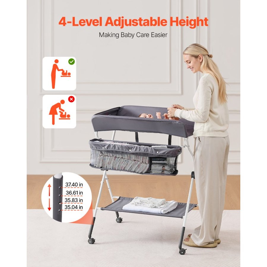 VEVOR Baby Changing Table, Foldable Diaper Change Station with Side Basket, Adjustable Height Portable Changing Table with Lockable Wheels, Multi-Functional Storage Organizer Nursery, Dark Gray