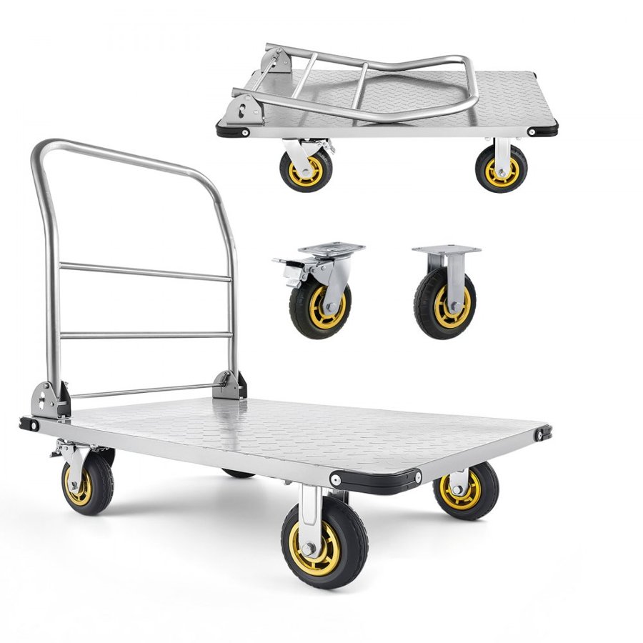 VEVOR Platform Truck, 2000 lbs Capacity, Heavy Duty Steel Flatbed Cart with Swivel Wheels and Handle, Foldable Platform Hand Push Truck Dolly, for Groceries, Garage, Warehouse, 35.4 x 23.6 x 35.4 in