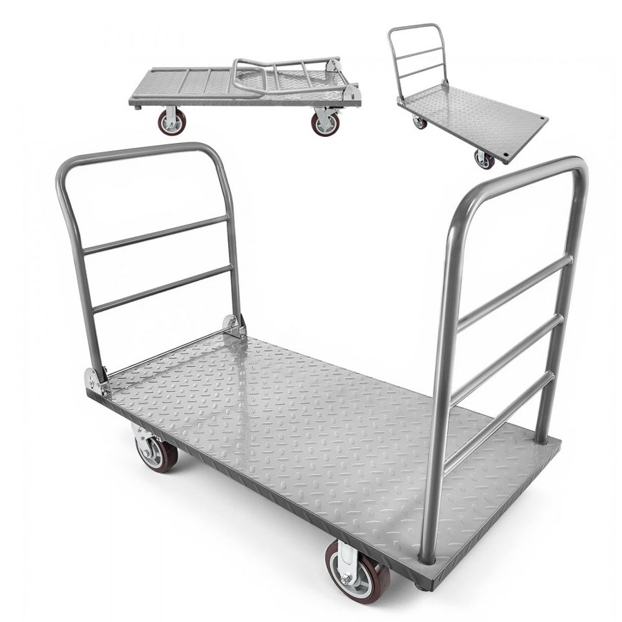 VEVOR Platform Truck, 2650 lbs Capacity, Heavy Duty Flatbed Cart Dolly with Detachable Guardrail and Swivel Wheels, Foldable Hand Push Truck Cart, for Groceries, Garage, Warehouse, 48 x 24 x 36.2 in