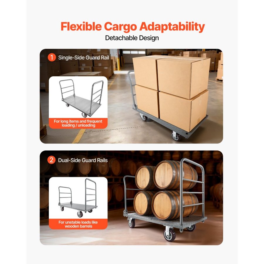 VEVOR Platform Truck, 2650 lbs Capacity, Heavy Duty Flatbed Cart Dolly with Detachable Guardrail and Swivel Wheels, Foldable Hand Push Truck Cart, for Groceries, Garage, Warehouse, 48 x 24 x 36.2 in