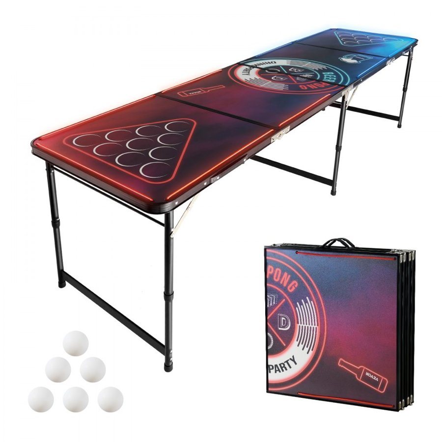VEVOR 2.4 m Portable Beer Pong Table, LED Lights, Foldable Tailgate Table with Carrying Handles and 6 Pong Balls, Adjustable Height, Lightweight Table for Office, Tailgate Party, Travel & Camping