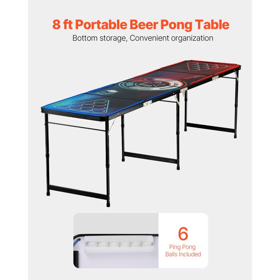 VEVOR 2.4 m Portable Beer Pong Table, LED Lights, Foldable Tailgate Table with Carrying Handles and 6 Pong Balls, Adjustable Height, Lightweight Table for Office, Tailgate Party, Travel & Camping