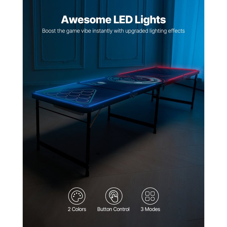 VEVOR 2.4 m Portable Beer Pong Table, LED Lights, Foldable Tailgate Table with Carrying Handles and 6 Pong Balls, Adjustable Height, Lightweight Table for Office, Tailgate Party, Travel & Camping