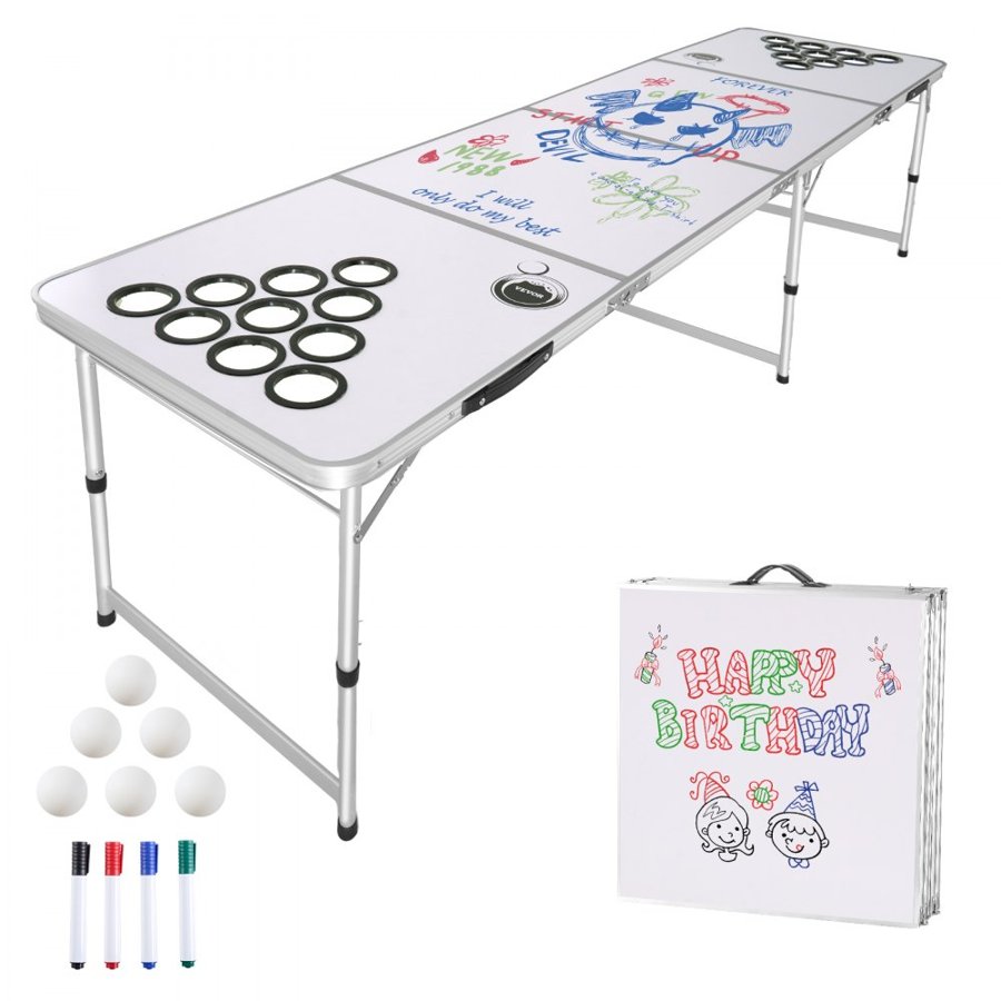 VEVOR 2.4 m Portable Beer Pong Table, Folding Tailgate Table, Cup Holes, Dry Erase Markers and Carrying Handles, Adjustable Height, Lightweight Table for Office, Tailgate Party & Camping, White