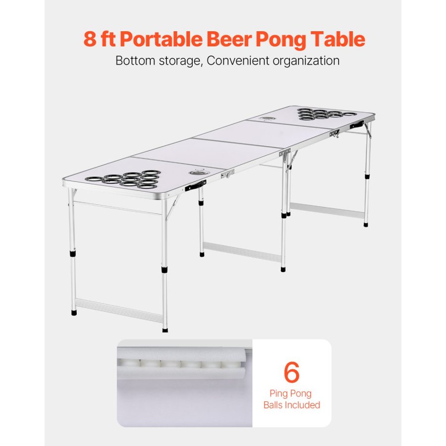 VEVOR 2.4 m Portable Beer Pong Table, Folding Tailgate Table, Cup Holes, Dry Erase Markers and Carrying Handles, Adjustable Height, Lightweight Table for Office, Tailgate Party & Camping, White