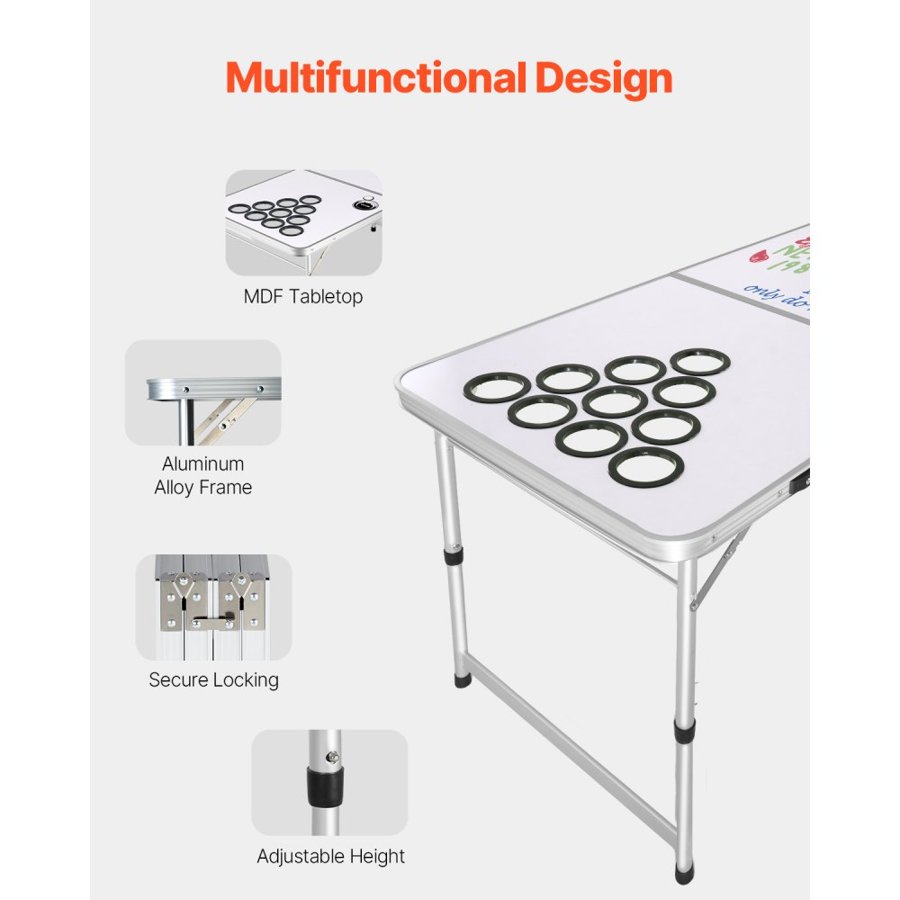 VEVOR 2.4 m Portable Beer Pong Table, Folding Tailgate Table, Cup Holes, Dry Erase Markers and Carrying Handles, Adjustable Height, Lightweight Table for Office, Tailgate Party & Camping, White