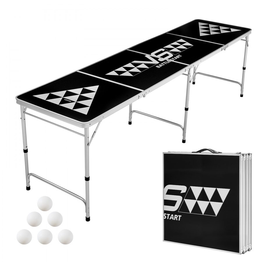 VEVOR 2.4 m Portable Beer Pong Table, Foldable Tailgate Table,Carrying Handles and 6 Pong Balls, Adjustable Height, Lightweight Table for Office, Tailgate Party, Travel and Camping, Black