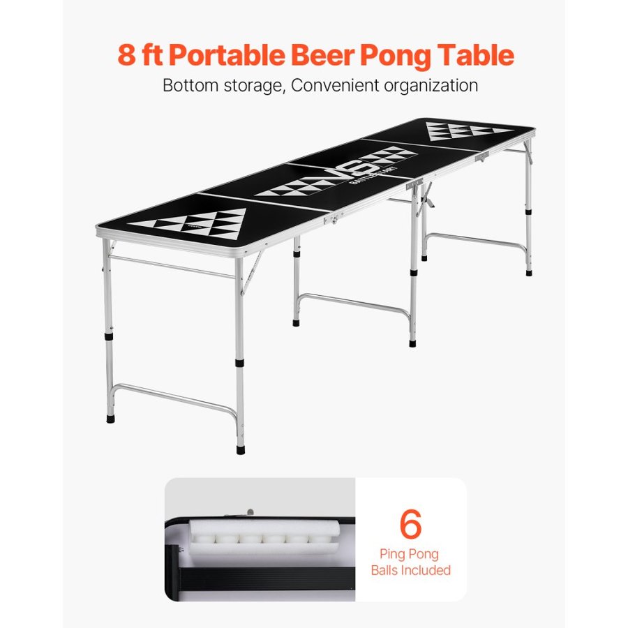 VEVOR 2.4 m Portable Beer Pong Table, Foldable Tailgate Table,Carrying Handles and 6 Pong Balls, Adjustable Height, Lightweight Table for Office, Tailgate Party, Travel and Camping, Black