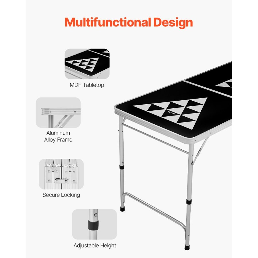 VEVOR 2.4 m Portable Beer Pong Table, Foldable Tailgate Table,Carrying Handles and 6 Pong Balls, Adjustable Height, Lightweight Table for Office, Tailgate Party, Travel and Camping, Black