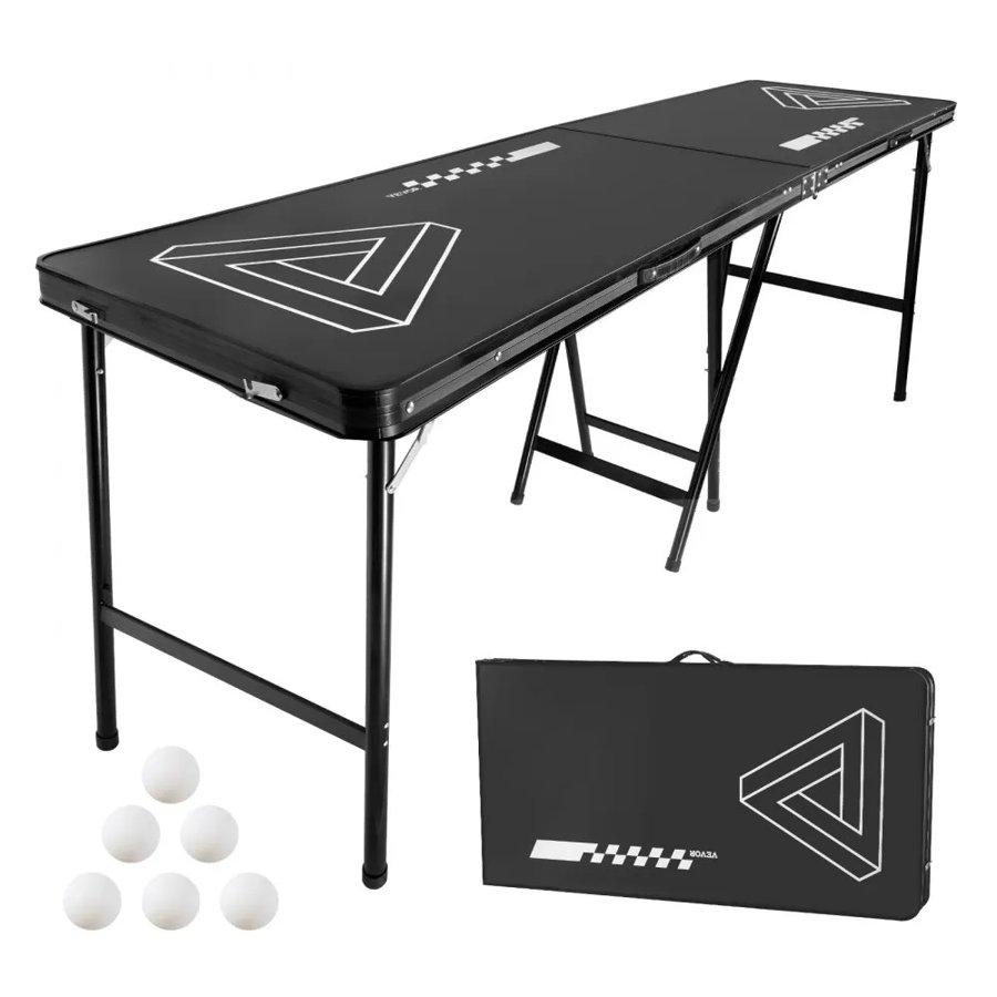 VEVOR 2.4 m Portable Beer Pong Table, Foldable 36 inch Heightened Table,  Carrying Handles and 6 Pong Balls, Lightweight Tailgate Table for Office, Tailgate Party, Travel & Camping, Black