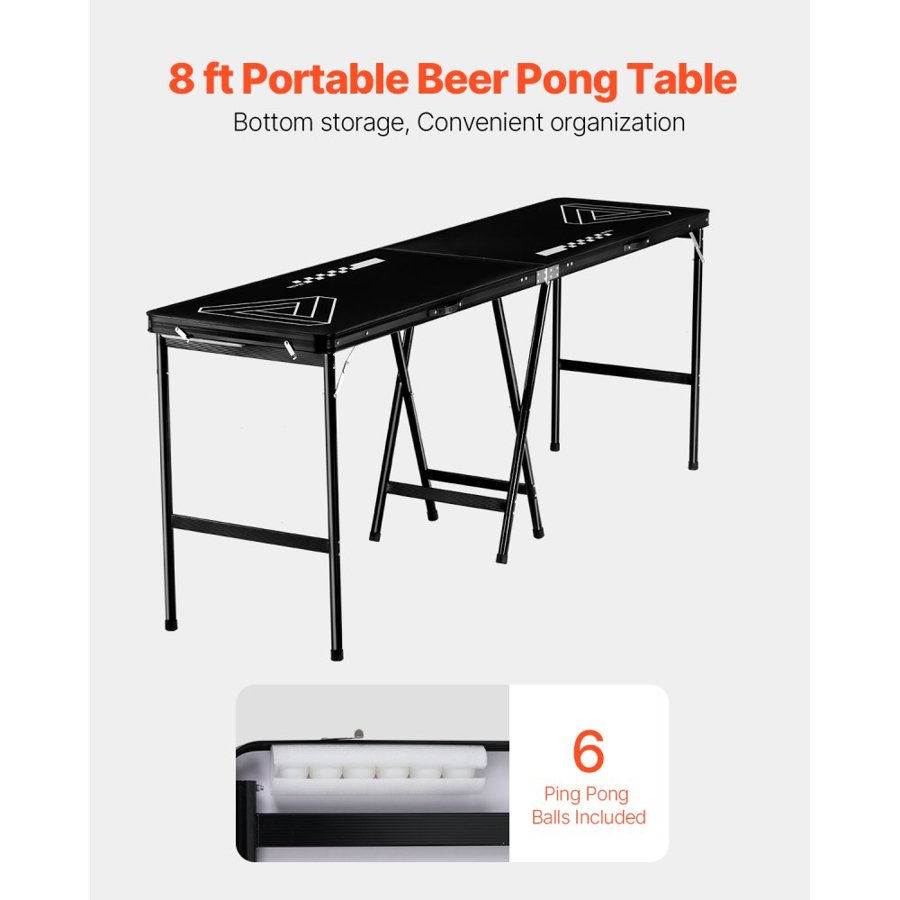 VEVOR 2.4 m Portable Beer Pong Table, Foldable 36 inch Heightened Table,  Carrying Handles and 6 Pong Balls, Lightweight Tailgate Table for Office, Tailgate Party, Travel & Camping, Black