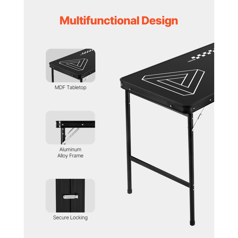 VEVOR 2.4 m Portable Beer Pong Table, Foldable 36 inch Heightened Table,  Carrying Handles and 6 Pong Balls, Lightweight Tailgate Table for Office, Tailgate Party, Travel & Camping, Black
