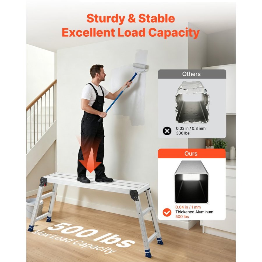 VEVOR Folding Work Platform, Adjustable Height 584-876 mm, 1016 x 305 mm Aluminum Step Stool, 226.8 kg Load Capacity, Heavy Duty Non-Slip Platform Ladder, Portable Work Bench for Painting, Maintenance