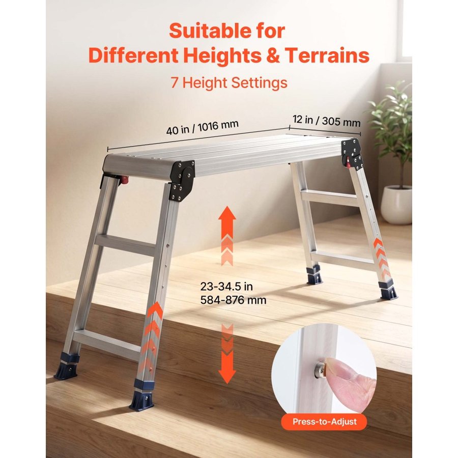 VEVOR Folding Work Platform, Adjustable Height 584-876 mm, 1016 x 305 mm Aluminum Step Stool, 226.8 kg Load Capacity, Heavy Duty Non-Slip Platform Ladder, Portable Work Bench for Painting, Maintenance