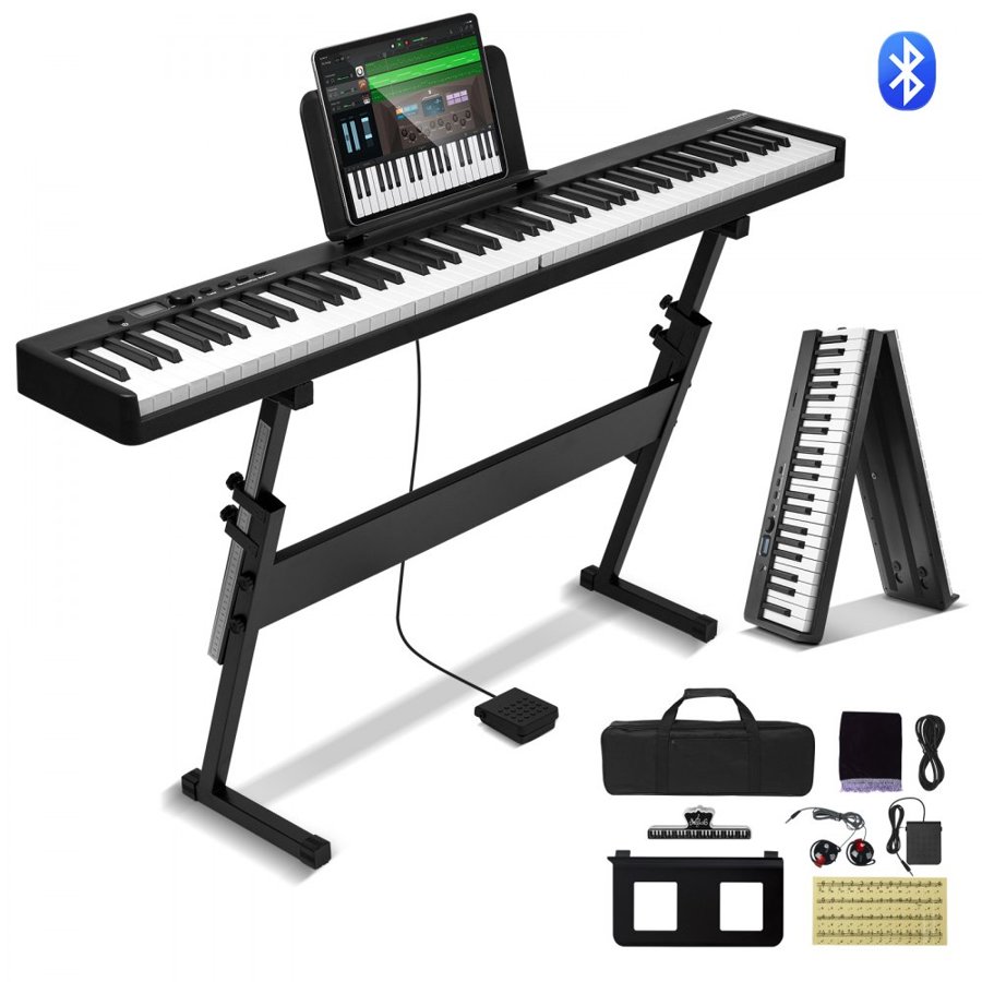 VEVOR 88 Key Folding Keyboard Piano, Bluetooth & MIDI, Portable Electronic Digital Foldable Piano with Stand Sustain Pedal Bag Touch Sensitive Keys, Rechargeable for Beginners Teens Adults, Black