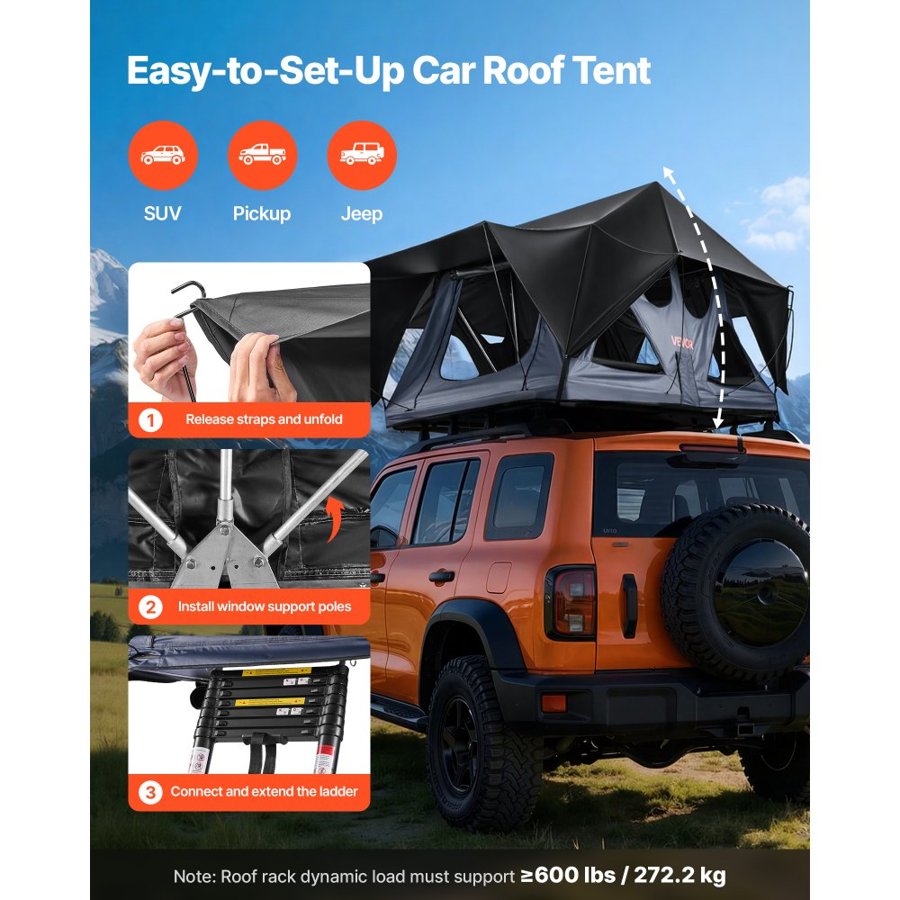 VEVOR Auto Roof Top Tent – 2-3 Person, 8.1x4.6ft, 10 Windows