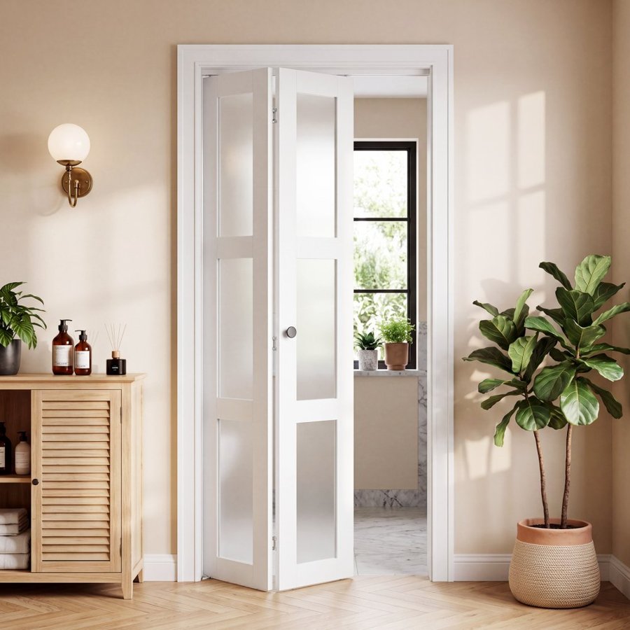 VEVOR Bifold Closet Doors 2-Panel, 762 mm (Double 381 mm) x 2032 mm, 3-Lite Frosted Glass Bifold Barn Door with Metal Hardware Kit & Sturdy Composite Frame, Modern Stylish & Space-Saving for Bedrooms