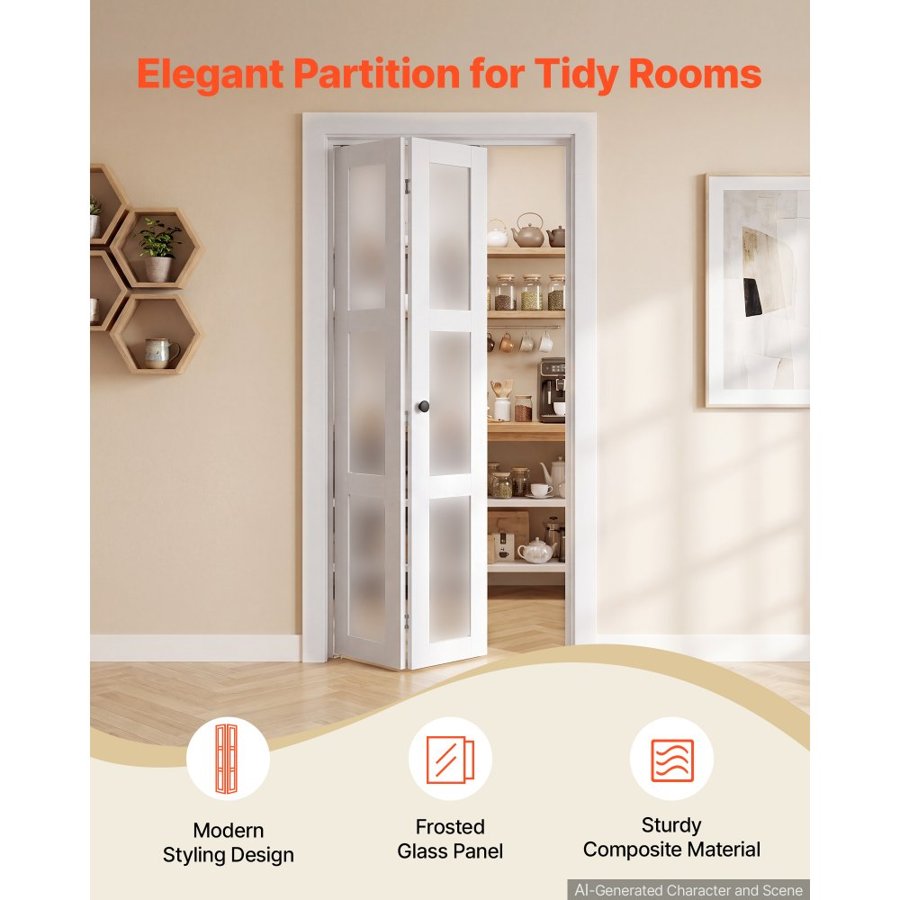 VEVOR Bifold Closet Doors 2-Panel, 762 mm (Double 381 mm) x 2032 mm, 3-Lite Frosted Glass Bifold Barn Door with Metal Hardware Kit & Sturdy Composite Frame, Modern Stylish & Space-Saving for Bedrooms