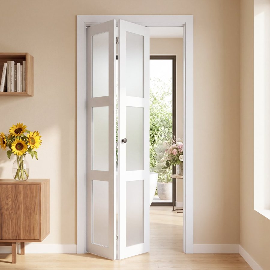 VEVOR Bifold Closet Doors 2-Panel, 914 mm (Double 457 mm) x 2032 mm, 3-Lite Frosted Glass Bifold Barn Door with Metal Hardware Kit & Sturdy Composite Frame, Modern Stylish & Space-Saving for Bedrooms