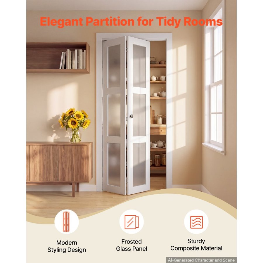 VEVOR Bifold Closet Doors 2-Panel, 914 mm (Double 457 mm) x 2032 mm, 3-Lite Frosted Glass Bifold Barn Door with Metal Hardware Kit & Sturdy Composite Frame, Modern Stylish & Space-Saving for Bedrooms