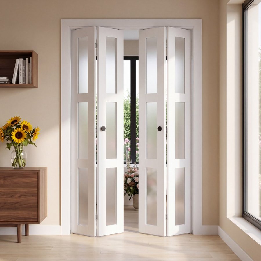 VEVOR Bifold Closet Door 4-Panel, 1219 mm (Four 305 mm) x 2032 mm, 3-Lite Frosted Glass Bifold Barn Door with Metal Hardware Kit & Sturdy Composite Frame, Modern Stylish & Space-Saving for Bedrooms