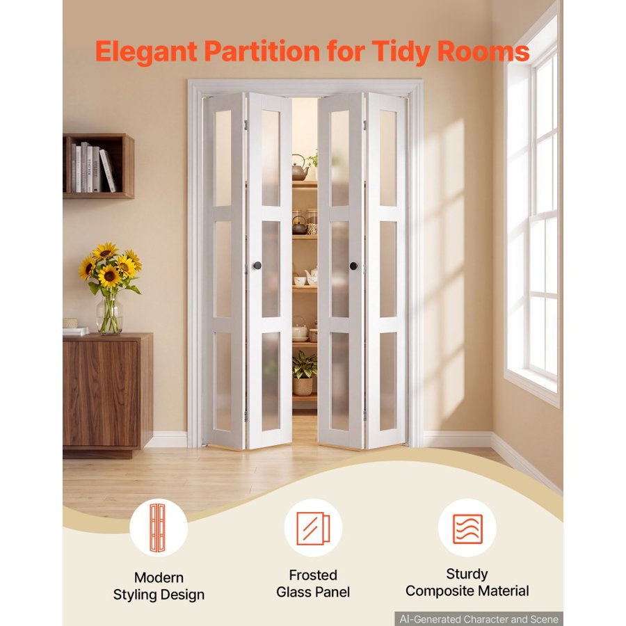 VEVOR Bifold Closet Door 4-Panel, 1219 mm (Four 305 mm) x 2032 mm, 3-Lite Frosted Glass Bifold Barn Door with Metal Hardware Kit & Sturdy Composite Frame, Modern Stylish & Space-Saving for Bedrooms