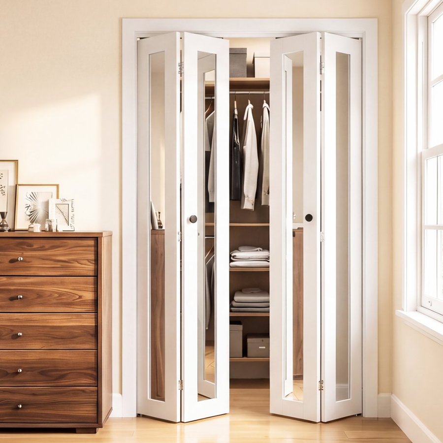 VEVOR Bifold Closet Door 4-Panel, 1219 mm (Four 305 mm) x 2032 mm, Full-Length Mirrored Bifold Barn Door with Metal Hardware Kit & Sturdy Composite Frame, Modern Stylish & Space-Saving for Bedrooms