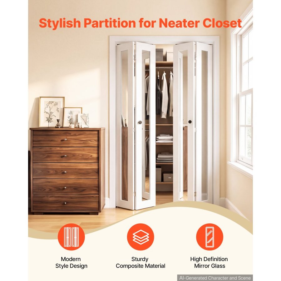 VEVOR Bifold Closet Door 4-Panel, 1219 mm (Four 305 mm) x 2032 mm, Full-Length Mirrored Bifold Barn Door with Metal Hardware Kit & Sturdy Composite Frame, Modern Stylish & Space-Saving for Bedrooms