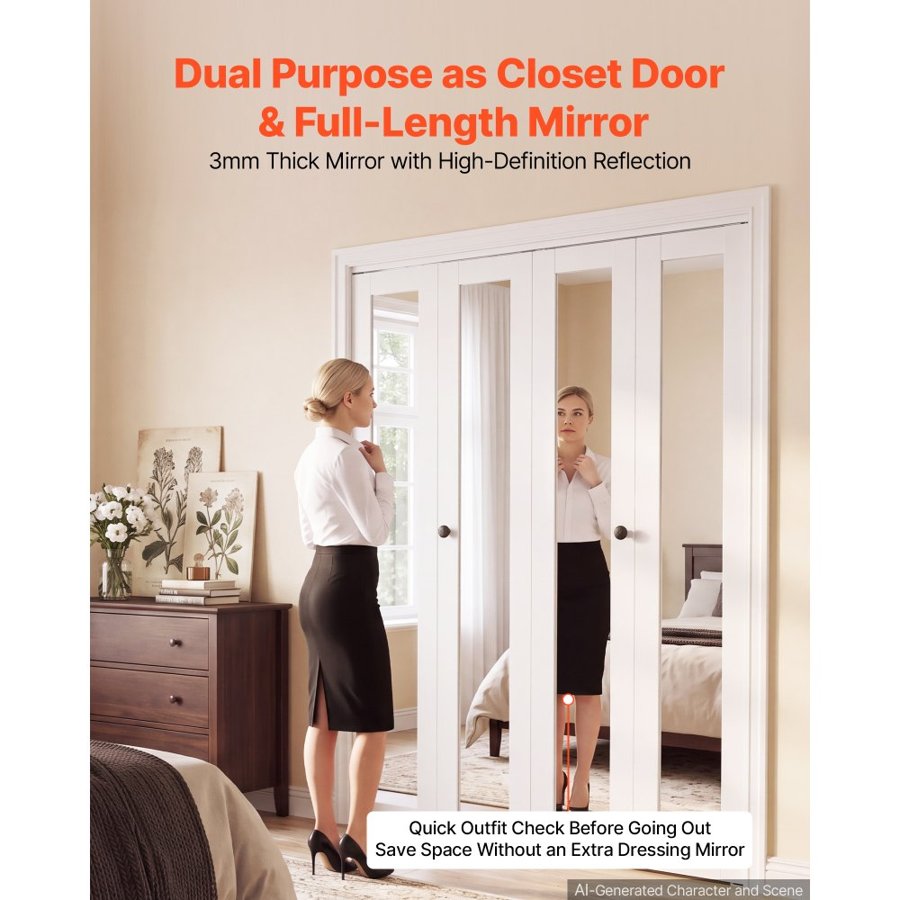 VEVOR Bifold Closet Door 4-Panel, 1219 mm (Four 305 mm) x 2032 mm, Full-Length Mirrored Bifold Barn Door with Metal Hardware Kit & Sturdy Composite Frame, Modern Stylish & Space-Saving for Bedrooms